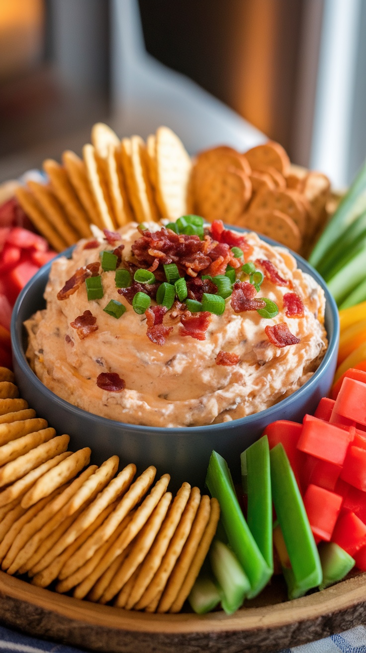 Cheesy Bacon Ranch Crack Dip served with crackers and vegetables, garnished with bacon and green onions.